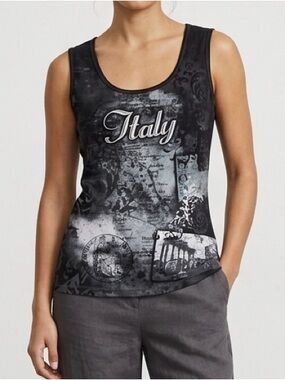 Vintage Blue Canyon Italy Map Tank Top in Black Sz M Graphic Y2K Made In USA